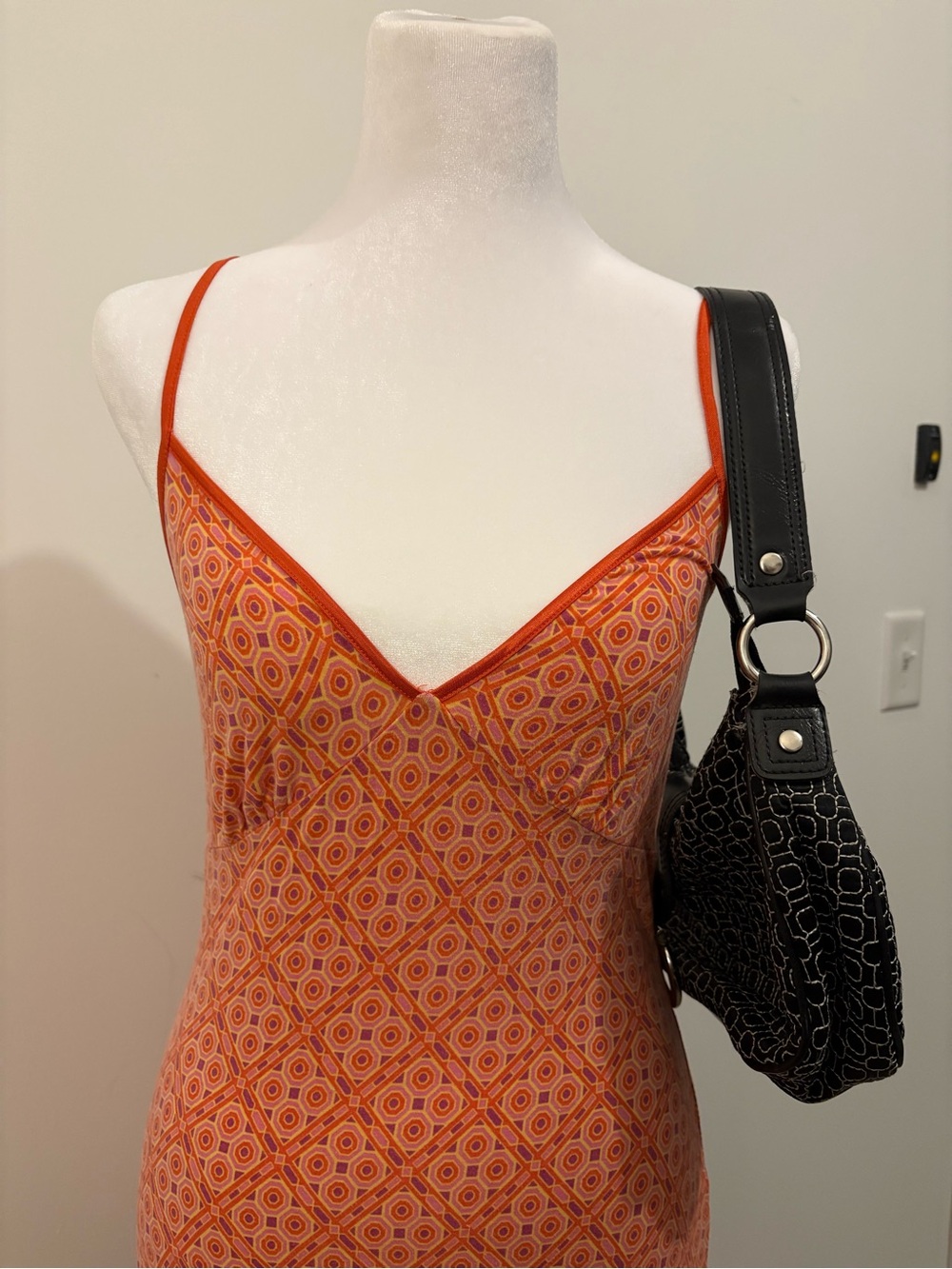 Orange Pink Geometric Slip Dress Y2K Retro Cami Mini Dress - Picture 2 of 5